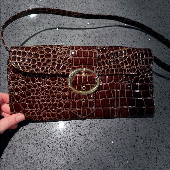 Handbags - Brown Croc-Embossed Leather Shoulder Bag with Gold Buckle